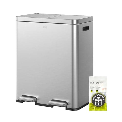 EKO Edison Dual Trash Can for Recycling and Trash, 8+8 Gallons Kitchen Garbage Can with Dual Removable Inner Liners, Independent Lids and Pedals, Matte Stainless Steel
