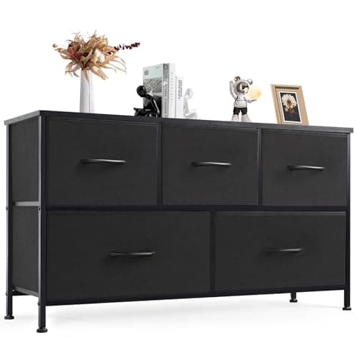 DUMOS Dresser for Bedroom, 5 Storage Drawers, Wide Fabric Closet Chests Organizer Tower Furniture with Wooden Top Metal Frame for Clothes, Guest Room, Living Room, Hallway, Entryway