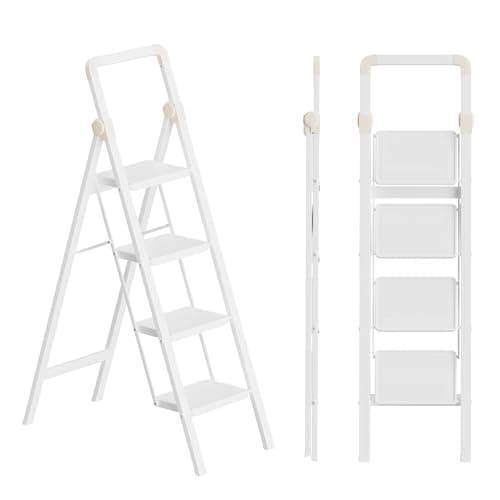 SOLADDER Step Ladder 4 Step Folding Stool with Anti-Slip Widened Sturdy Pedal and Handgrip, Portable and Multi-Use Iron Stepladder for Home, Kitchen, 300 lbs Capacity -White