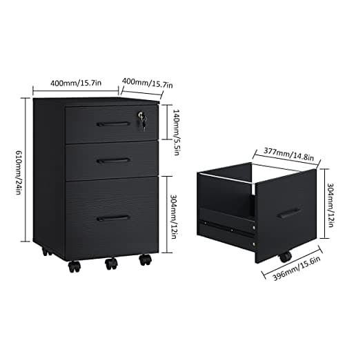 Panana 3 Drawer Wood Mobile File Cabinet, Under Desk Storage Drawers Small File Cabinet for Home Office (Black) 3