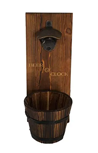 Thirsty Solutions - “Beer O’ Clock” Rustic Wall Mounted Bottle Opener and Catcher - Dark Stain Pine with Zinc Alloy Opener - Removable Wooden Bucket - Man (or Woman) Cave Ready