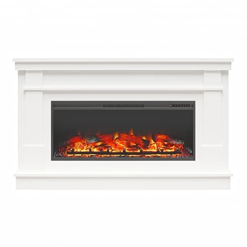 Ameriwood Home Elmcroft Contemporary Wide Mantel with Linear Engineered Wood Electric Fireplace for Living Room/Family Room, in White Finish