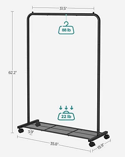 SONGMICS Clothes Rack with Wheels, Clothing Rack for Hanging Clothes, 25.4 mm Metal Garment Rack with Dense Mesh Storage Shelf, 110 lb Load Capacity, 2 Brakes, Black UHSR25BK 5