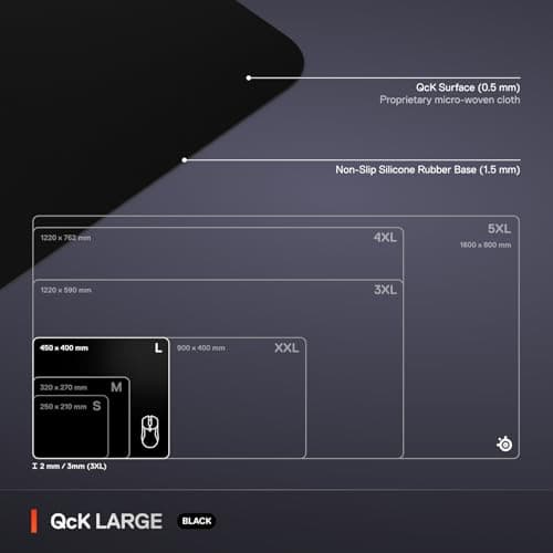 SteelSeries QcK Large Gaming Mousepad — Black — Non-Slip Silicone Rubber Base — Peak Tracking and Stability — Optimized for Gaming Sensors — 490 mm x 420 mm — FPS, MOBAs, RTS, MMO 5