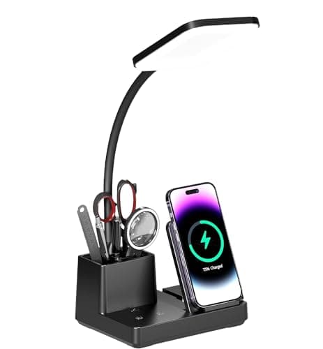 Vicsoon Desk Lamp with Wireless Charger USB Charging Port, Eye-Caring Desk Lamp for Home Office with Pen Holder, Dimmable Table Lamps 3 Color Modes 8
