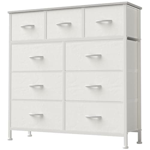 DUMOS Dresser for Bedroom, Storage Organizer with 9 Drawers, Chest of Drawers with Fabric Bins, Sturdy Metal Frame, Wood Tabletop for Guest Room, Closet, Entryway, White