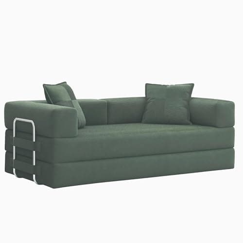 GRUSIGN 78 Inch Convertible Sofa Bed, 5-in-1 Futon Sofa Bed Pull Out Couch, Boneless Couch Bed for Living Room, Corduroy Boneless Couches for Bedroom, Apartment, No Assembly Sleeper Sofa Bed, Green 8