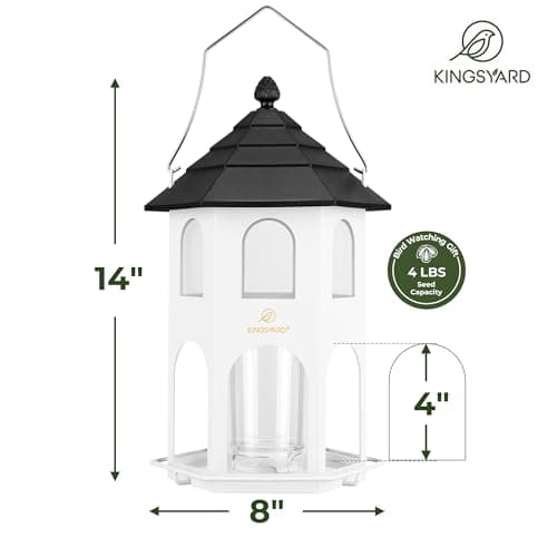 Kingsyard Metal Bird Feeder for Outdoor Hanging, Wild Bird Feeders with Circular Perch, Easy to Clean & Refill, 4 lbs Large Seed Capacity, White 5