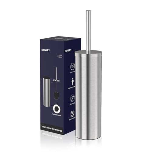 DOWRY Stainless Steel Toilet Bowl Brush and Holder for Bathroom, Deep Cleaning Toilet Brush and Holder Set with Long Handle, Hidden Toilet Bowl Brush with 2 Heads,Modern Decor Nickel Brushed Round