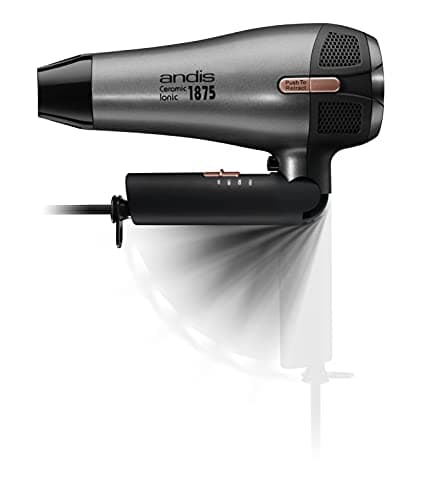 Andis 80280 Fold-n-go 1875 Watt Ceramic Ionic Dryer, Retractable Cord, Lightweight with Professional Blowout Results, Quick Drying Blow Dryer, Black/Silver 9