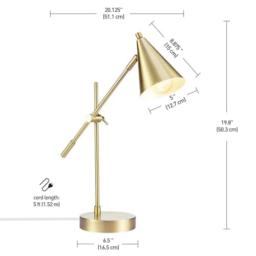 Globe Electric x Novogratz 52887 18" Desk Lamp, Matte Brass Finish, Adjustable Height, Balance Arm, Rotary Switch on Shade, Modern Lighting for Bedroom or Office, E26 Base 50W Bulb 6