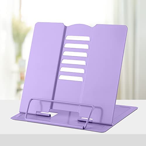 Honagu Metal Desk Book Holder, Hands Free Adjustable Cookbook & Document Holder, Portable Bookstand for Music Books, Textbooks, Recipes, Tablets & iPads (Purple)