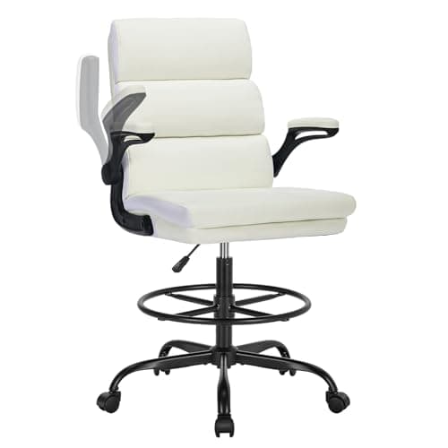 Drafting Chair Tall Office Chair with Padded Flip-up Armrests Executive Ergonomic Computer Standing Desk Chair with Comfortable Leather Backrest and Adjustable Footrest Ring (White)