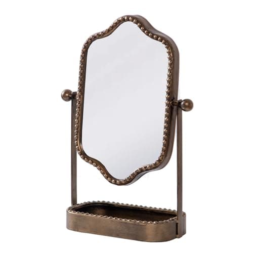 HuiDao Vintage Tabletop Makeup Mirror with Tray, Metal Antique Decorative Mirror with Stand, 360°Swivel Retro Desktop Dressing Mirror Countertop, Bedroom,Bathroom, Living Room