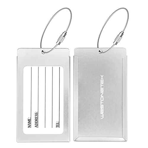 Pack of 2 Luggage Tags, Aluminum Metal Travel ID Tag Business Card Holder Name Address Identifier Labels Suitcase Label with Steel Cable for Baggage Bag, Silver