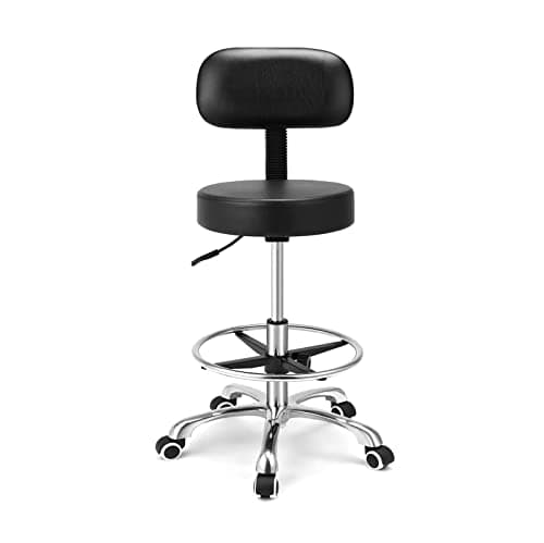 Kaleurrier Rolling Swivel Adjustable Heavy Duty Drafting Stool Chair for Salon Medical Kitchen Lab Clinic Dental Office and Home uses,with Wheels and Back Support (Black with Footrest)