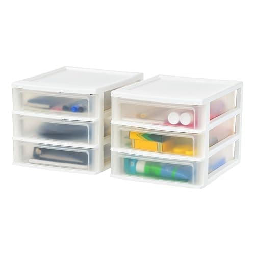 IRIS USA Plastic Stacking Desk Top 3-Drawer Storage Organizer, 2-Pack, for Makeup Vanity Nail Polish Bathroom Stationery Art Craft Supplies Kitchen Office Garage and Small Organization, Medium, White