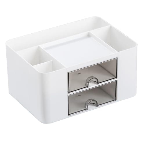 Moikiwi Desk Organizer with 2 Drawers, Pencil Pen Holder for Desk, Cute Desk Accessories with Plastic, Office Supplies for Countop, White 7