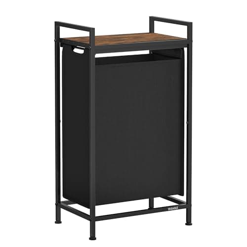VASAGLE Laundry Hamper, Laundry Basket, Laundry Sorter with a Pull-Out and Removable Bag, Shelf, Metal Frame, 12.4 Gallons (47 L), 16.5 x 11 x 29.5 Inches, Ink Black and Rustic Brown UBLH001B01