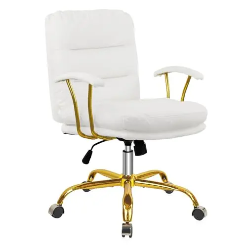 KLASIKA Leather Home Office Desk Chair, Mid-Back Vanity Chair Make Up Chair with Gold Wheels & Removable Armrests, Rolling Swivel Computer Task Chair for Office Bedroom Living Room Girls Women, White