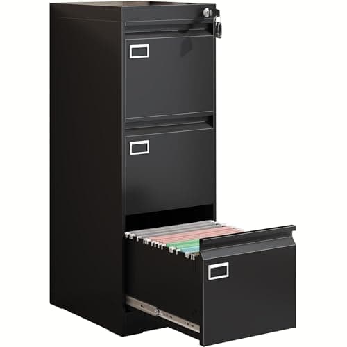 Vaernevy 3 Drawer Metal File Cabinet with Lock, Small Locking Filing Cabinets, Vertical File Cabinet with Key, Black Under Desk Filing Cabinets for Home Office