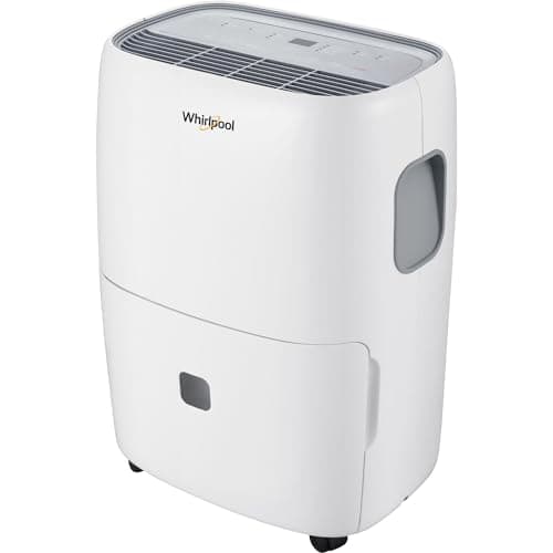 Whirlpool 50-Pint Portable Dehumidifier for Basement, Garage, and Living Room, 115V, Dehumidifier for Rooms up to 4500 Sq. Ft. with Energy Star Certification, Auto-Shutoff, and Timer in White