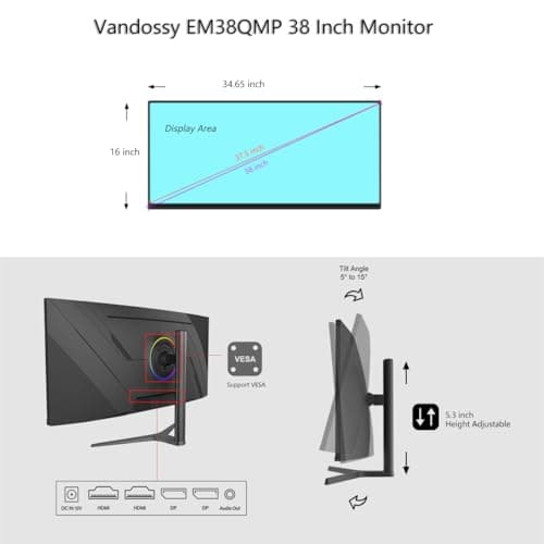 38 Inch UWQHD+ Curved Monitor, 3840 x 1600p 1.07 Billion Colors 98% DCI-P3, Dual Speakers, DP, HDMI, USB-C, Type B, Type A x2 , Eyecare Technology Adaptive-Sync 60Hz R2300 Frameless Computer Monitor 7
