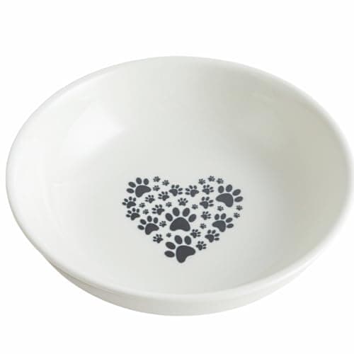 White Ceramic Cat Bowl with Heart Design - Non-Slip Bottom, Whisker Friendly Shallow Dish 5.5", Cute Pet Food & Water Bowl, Dishwasher Safe