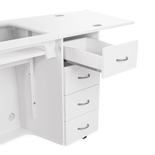 Arrow Classic Sewing Furniture Harriet Full-Size Sewing Cabinet with Hydraulic Machine Lift, Drawers, Expandable Leaves, Locking Wheels - Ash White 5