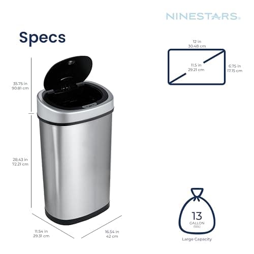 NINESTARS DZT-50-9 Automatic Touchless Infrared Motion Sensor Trash Can, 13 Gal 50L, Stainless Steel Base (Oval, Silver/Black Lid) 6