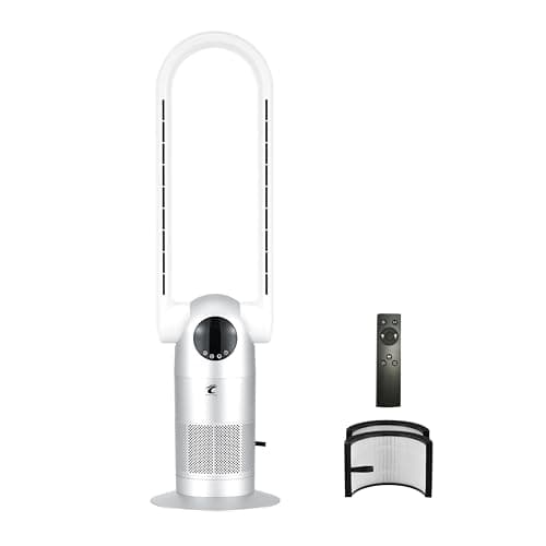 Ocean Loong Bladeless Tower Fan with Air Purifier - Oscillation & Tilt Head - Quiet Cooling Fan for Bedroom Home Office 9 Speeds 9Hours Timer and Remote Control (Silver, 39”)