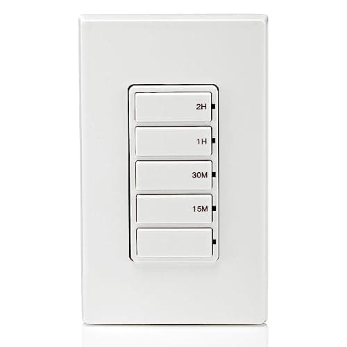 Leviton Countdown Timer Switch for household lights and exhaust fans, 15-30 min, 1-2 hour, No Neutral Wire Required, Single Pole, 15A, 1/2HP/9.8A Fan/Motor, DT102-1LW, White 12