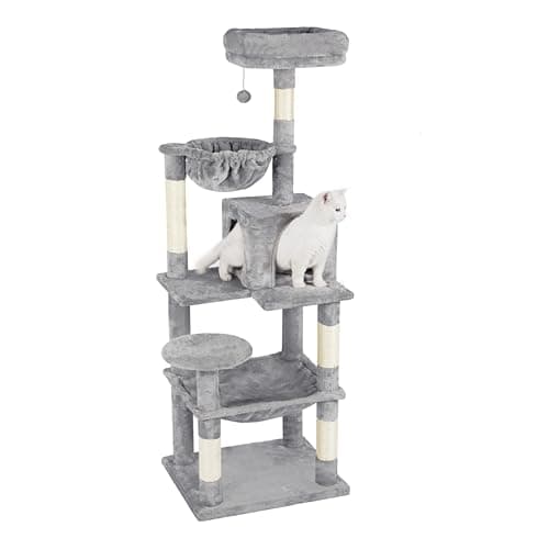 Catreaier Cat Tree, 54-Inch Cat Tower for Indoor Cats, Plush Multi-Level Cat Condo with 5 Scratching Posts, Pompom, One Round Hammock and One Square Hammock Light Gray