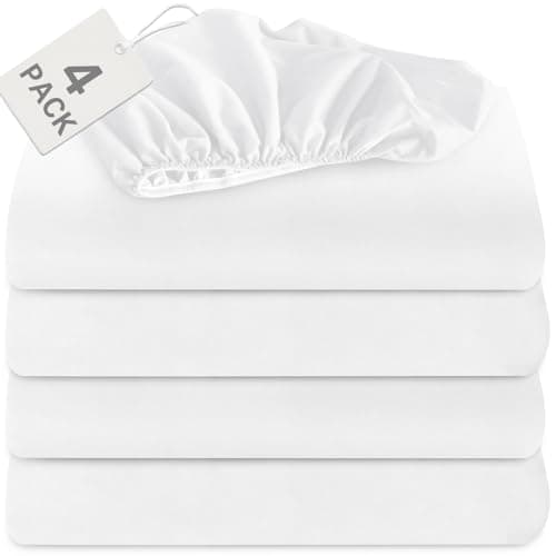 Biloban Twin Fitted Sheet 4 Pack, Twin Bedding Fitted Sheets Only with Deep Pocket up to 14", Bottom Sheet, Shrinkage & Stain Resistant Fitted Bed Sheets, Wrinkle Free & Easy Care, White