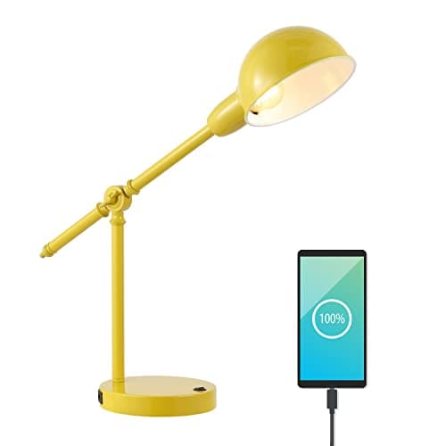 JONATHAN Y 20.25" Yellow Vintage Industrial Iron Adjustable Task Lamp with USB Charging Port for Office Desk, Metal Yellow Dome Shade, LED Bulb Included (JYL7123C)