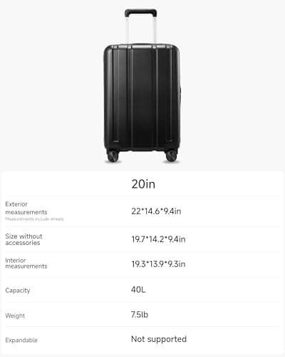 LUGGEX Carry On Luggage 22x14x9 Airline Approved, L2 100% PC Hard Shell Travel Suitcase with Smooth Spinner Wheels, TSA Lock (EX-Core, Black, 20 Inch, 40L) 8