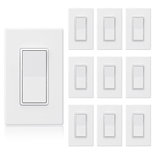 ELEGRP Matte White Single Pole Decorator Light Switch 15Amp, 120-277V, Paddle Rocker Replacement, On/Off Wall Switch, Self-Grounding, Residential Grade, w/Wall Plate, UL/CUL (10 Pack)