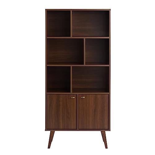 Prepac Milo Mid-Century Modern Bookcase with Six Shelves, Two Doors, and Brushed Brass-Finished Knobs