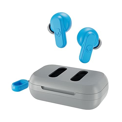 Skullcandy Dime 2 Wireless Earbuds, Bluetooth Headphones, Noise Isolating Fit, Up to 12 Hours Battery, Microphone for iPhone Android, Easy Carry with Integrated Lanyard - Light Grey/Blue