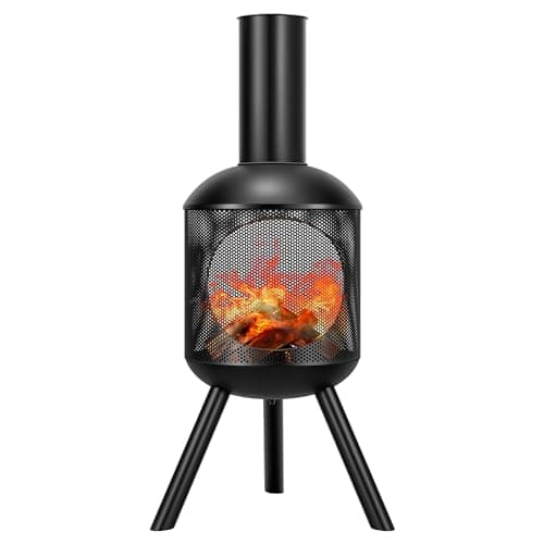 VIVOHOME 46 Inch Chiminea Outdoor Fireplace, Cold-Rolled Steel Wood Burning Fire Pit with Mesh Design, Top Chimney Cover, and Fire Poker Ideal for The Patio, Garden, and Backyard Black