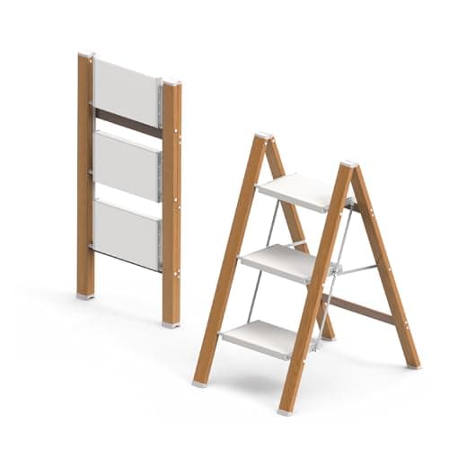 3 Step Ladder, Folding Aluminum Step Stool with Anti-Slip Wide Steps for Adults, Ideal for Kitchen, Closet, Bedroom, 330 lbs Capacity (Woodgrain) (Light Woodgrain, 3 Step)