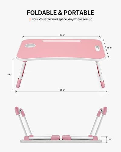 FISYOD Foldable Laptop Table, Portable Lap Desk Bed Table Tray, Laptop Stand with Cup Holder & Tablet Slot & Lifting Handle for Working Writing Drawing & Eating (Pink) 6