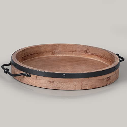 Round Coffee Table Tray - 13.2'' Farmhouse Wood Serving Tray with Metal Handles - Round Decorative Trays for Coffee Table - Wooden Circle Trays for Kitchen Counter