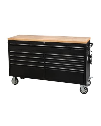 61-Inch Heavy-Duty Rolling Tool Chest & Mobile Workbench with 9 Drawers, Rubber Wood Tabletop, Key Locking System and Drawer Liners, Steel Storage Cabinet for Garage, Workshop, Warehouse Repair
