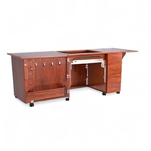 Arrow Classic Sewing Furniture Harriet Full-Size Sewing Cabinet with Hydraulic Machine Lift, Drawers, Expandable Leaves, Locking Wheels - Teak 6