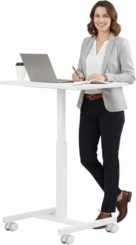 SageNest Mobile Small Standing Desk - Adjustable Height Rolling Laptop Desk with Lockable Wheels, Workstation for Home Office & Classroom, White