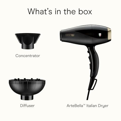 Infiniti PRO CONAIR ArteBella Hair Dryer, Italian Performance Blow Dryer with Diffuser and Concentrator Attachments, Luxurious Experience and Ultra-Fast Drying Power, 6 Heat/Speed Settings, Black 9