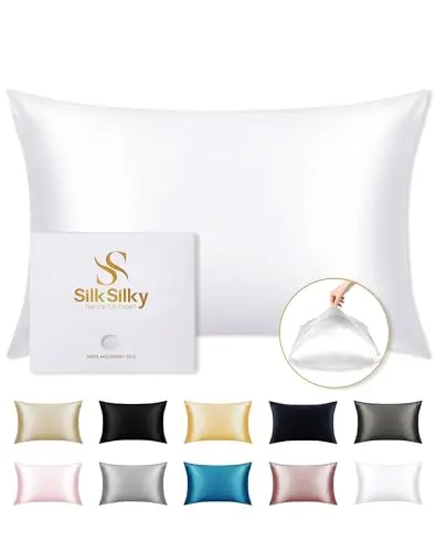 SilkSilky 100% Mulberry Silk Pillowcase - Pure 22 Momme High-Grade 6A Fibers for Hair & Skin, Envelope Closure, Natural, Organic, Breathable & Cooling Pillow Case (Standard, White)