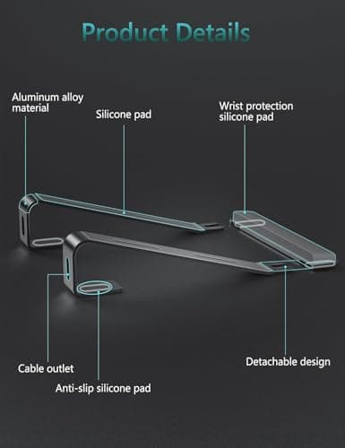 JCZT Aluminum Laptop Stand, Notebook Stand with Wrist Rest, Ergonomic Detachable Laptop Mount, Computer Stand Compatible with 10-17'' All Laptops Such as MacBook Air Pro/HP/Dell/Lenovo, Black 8