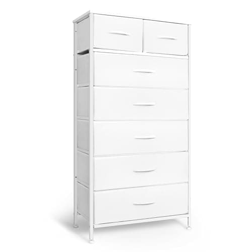 Mifuro Tall Dresser for Bedroom, Vertical Storage Organizer Tower with 7 Drawers, Chest of Drawers with Fabric Bins, Steel Frame, Wood Top for Bedroom, Closet, Entryway- White